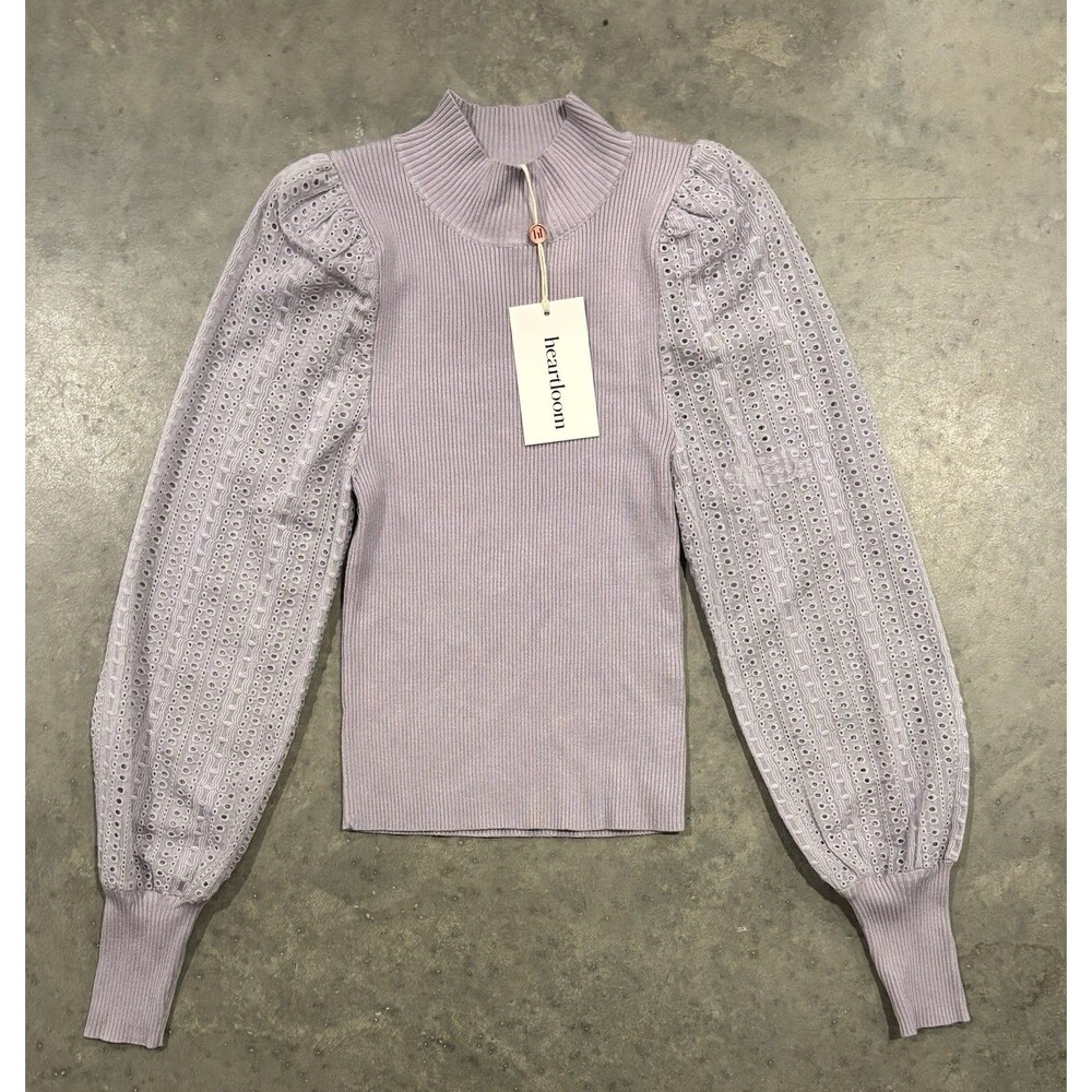 NEW Heartloom Ribbed Knit Top with Eyelet Puff Sleeves Women’s Small Lavender